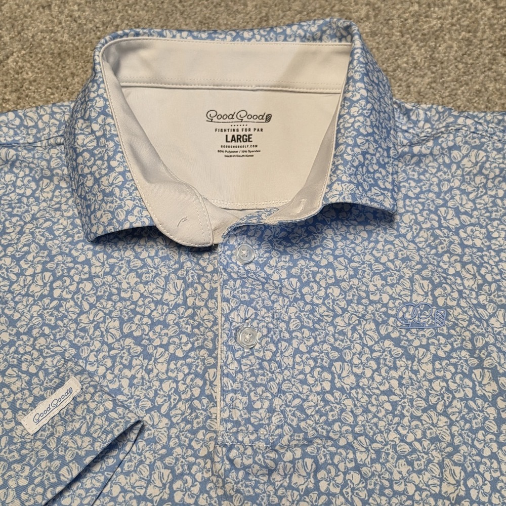 Good Good Golf Polo Shirt Men's Large Blue White Floral Performance Stretch Golf